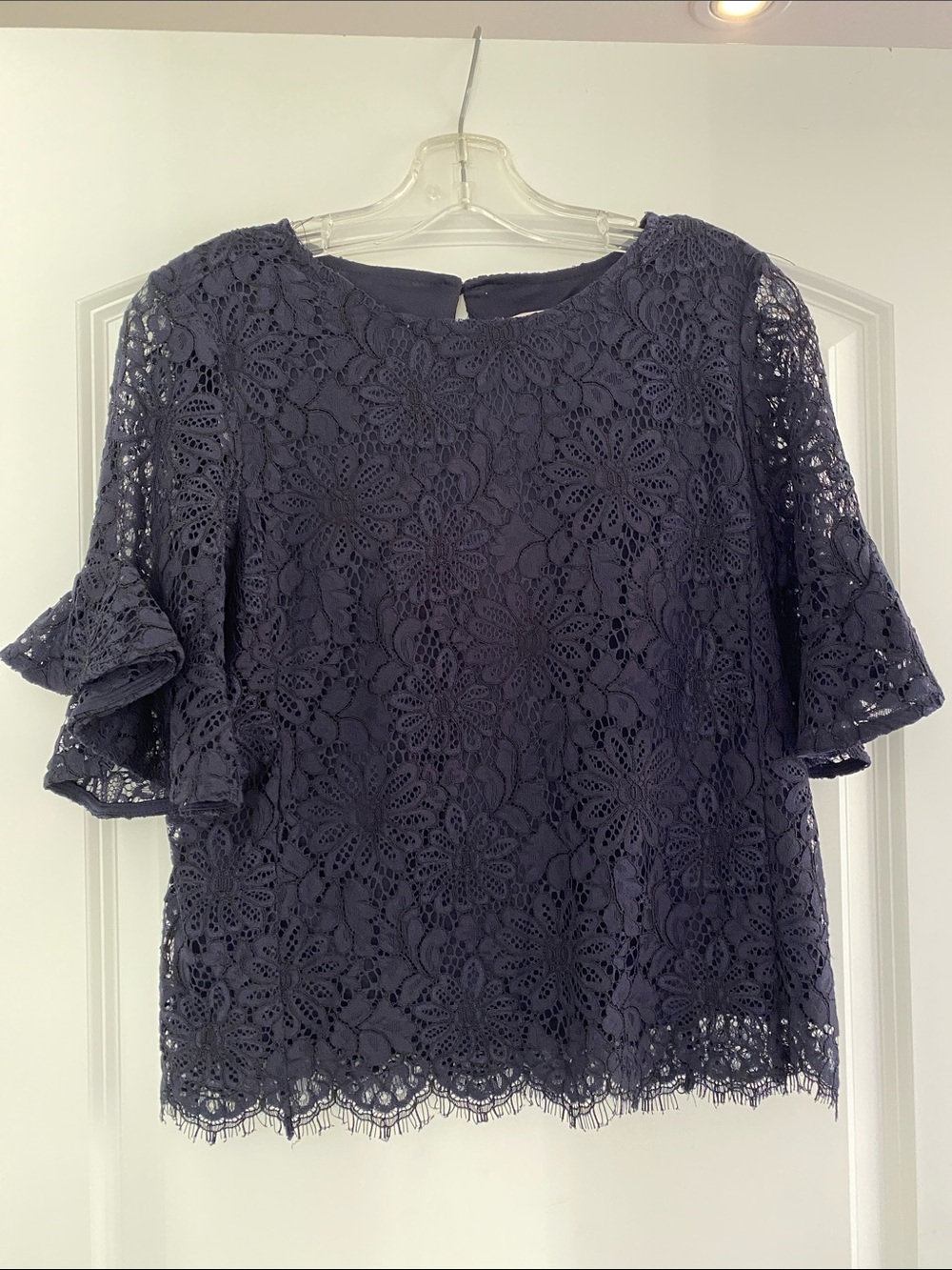 Navy Floral Lace Flutter Sleeve Blouse